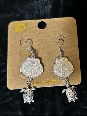 White gold plated Iridescent Shell & Turtle Dangle Earrings